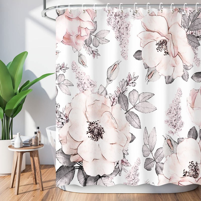 LIVILAN Pink Gray Flower Shower Curtain, Watercolor Floral Shower Curtains with Hooks White Grey Fabric Blossom Bathroom Decor Machine Washable, 72" W x 72" H - Image 2